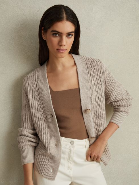 Cotton Linen Blend Knitted Cardigan in Neutral