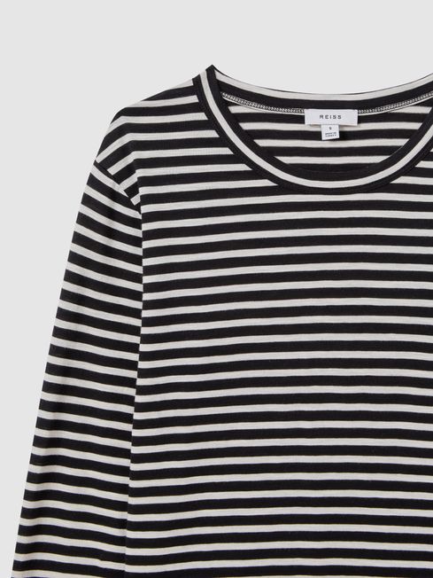 Cotton Striped Crew Neck Top in Black/Ivory