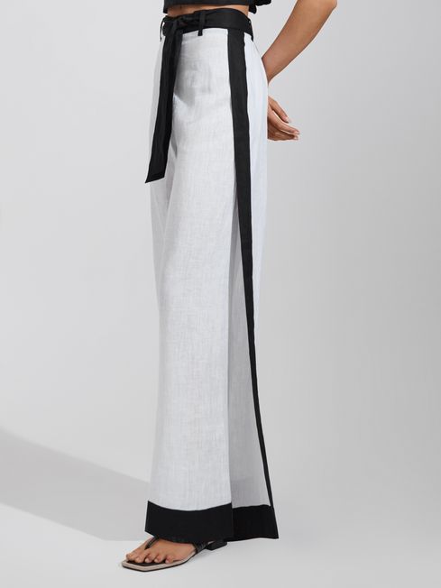 Reiss White/Navy Harlow Linen Side Split Trousers