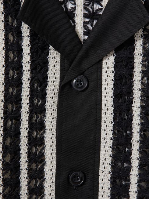 Crochet Cuban Collar Shirt in Black/Ecru