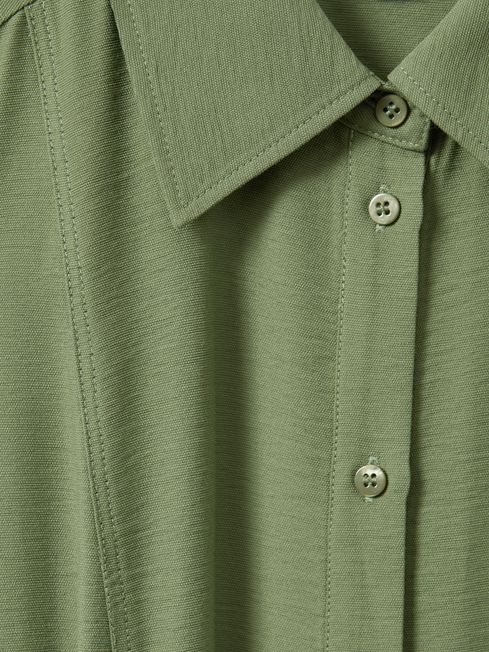 Viscose Blend Belted Shirt Dress in Green