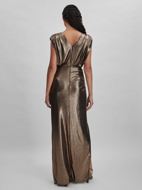 Halston Metallic Ruched Maxi Dress in Gold