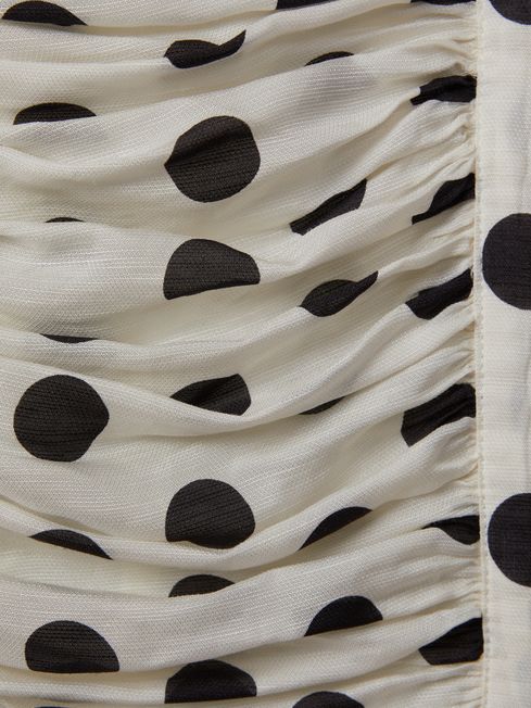 Viscose Linen Polka Dot Ruched Maxi Dress in White/Black