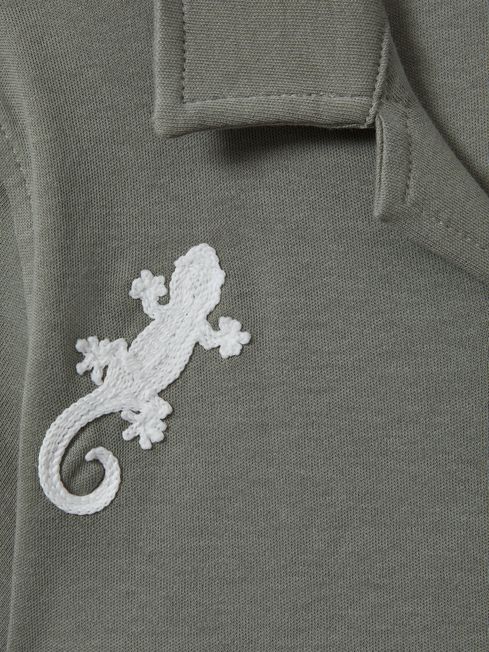 Junior Cotton Reptile Patch Cuban Collar Shirt in Sage/White