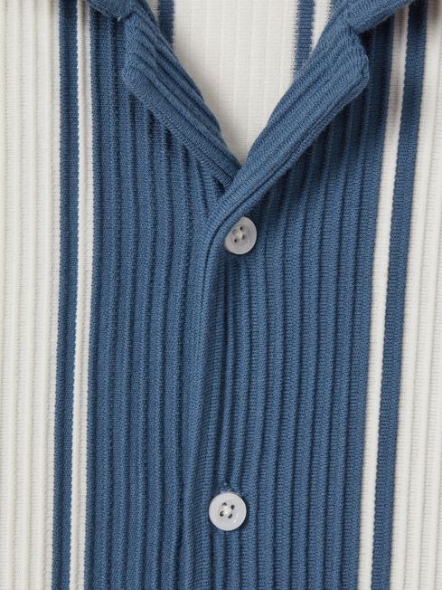 Junior Ribbed Cuban Collar Shirt in Airforce Blue/White