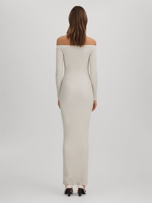 Good American Ribbed Off The Shoulder Maxi Dress in Cloud White