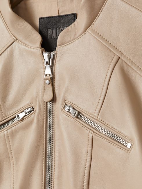 Paige Cropped Leather Jacket in Cream