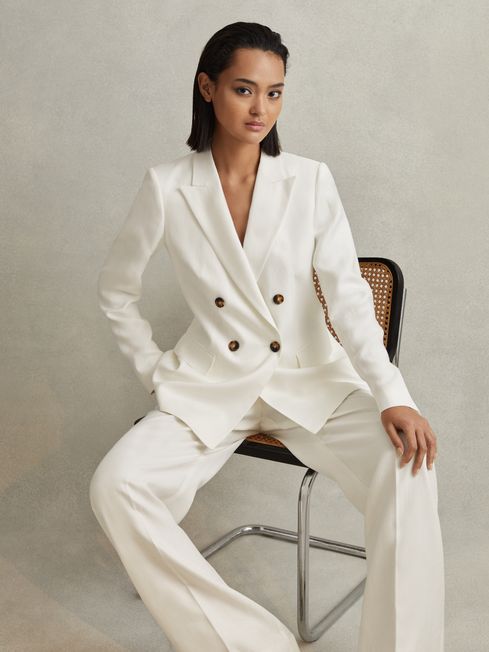 Reiss White Lori Petite Viscose-Linen Double Breasted Suit Blazer