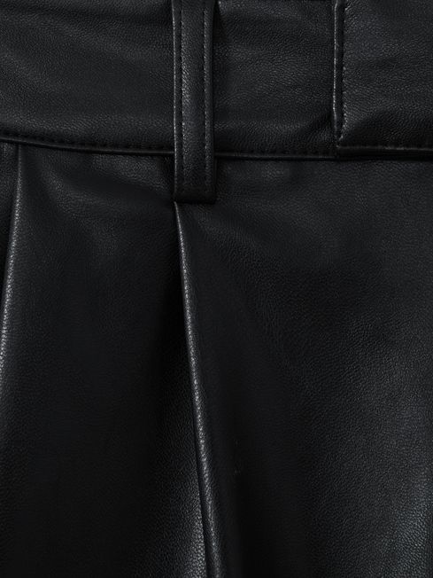 Paige Front Pleat Faux Fur Leather Shorts in Black