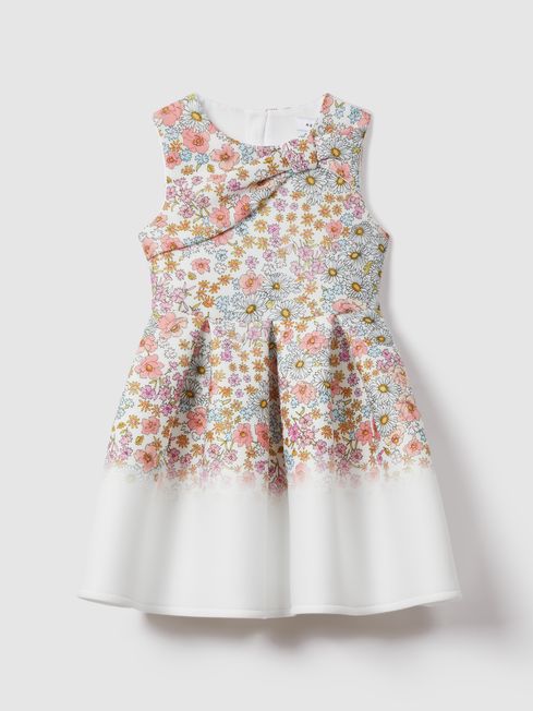 Reiss Pink Print Emmie Junior Floral Scuba Bow Fit-and-Flare Dress