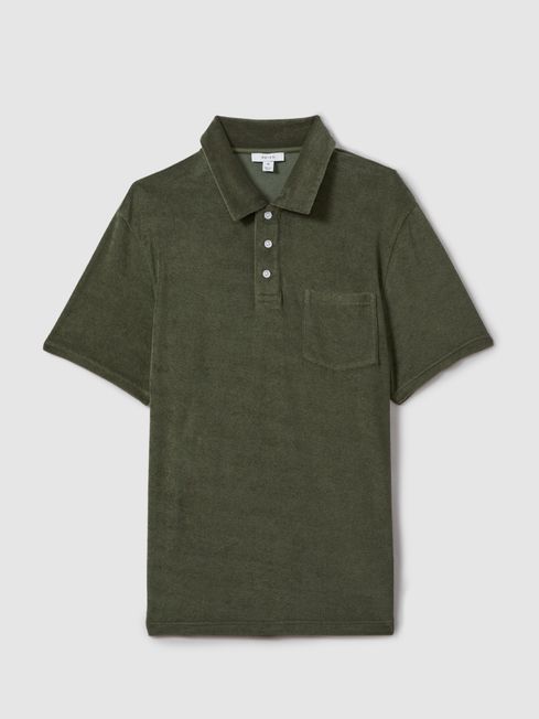 Towelling Polo Shirt in Olive Green