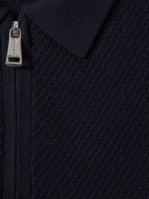 Senior Textured Half-Zip Neck Polo Shirt in Navy