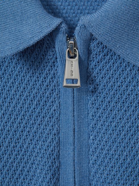 Senior Textured Half-Zip Neck Polo Shirt in Blue
