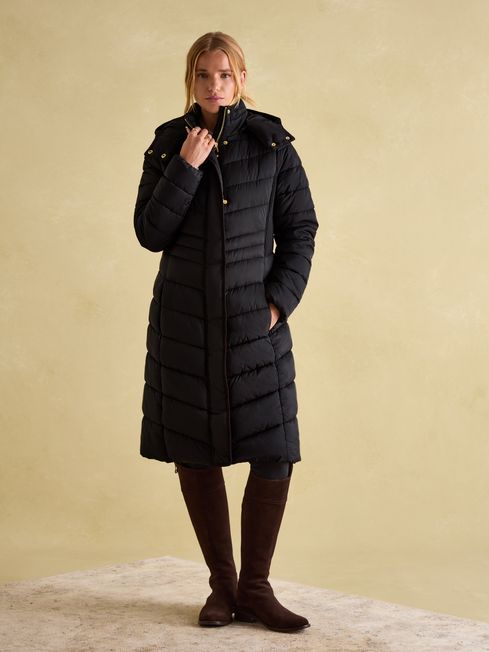 Pembury Black Showerproof Longline Padded Coat With Hood Joules