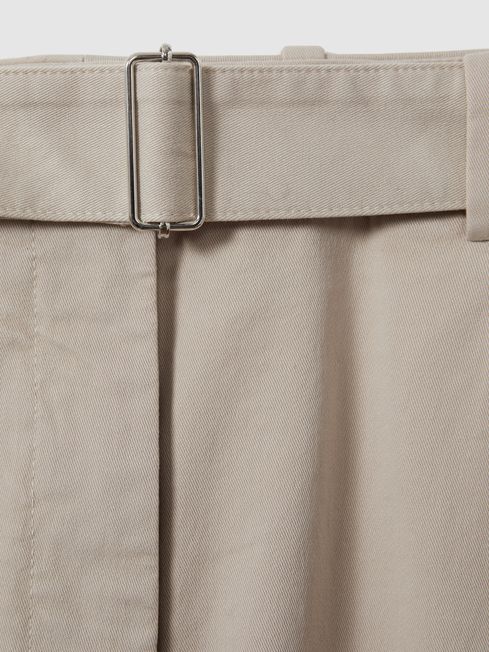 Cropped Cotton Blend Belted Trousers in Stone