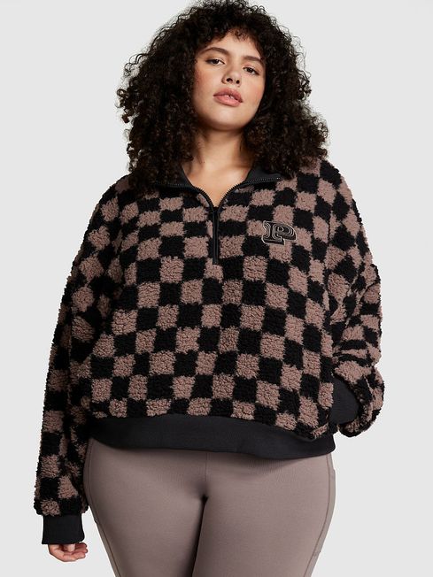 Iced Coffee Brown Checker Sherpa Half Zip Sweatshirt Victoria s Secret