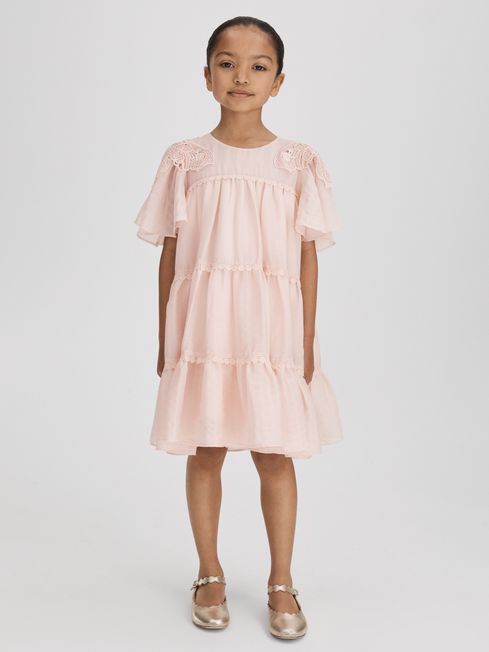 Reiss Pink Leonie Teen Tiered Embroidered Dress