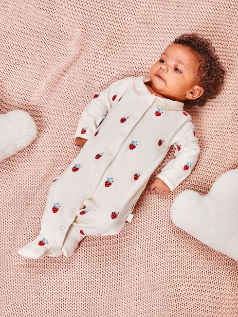 JoJo Maman Bébé Strawberry Embroidered Cotton Baby Sleepsuit