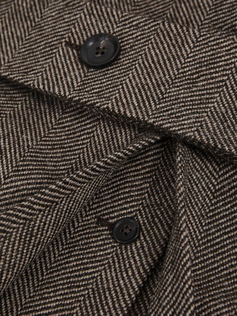 Oscar Jacobson Double Breasted Wool Herringbone Coat in Dark Brown