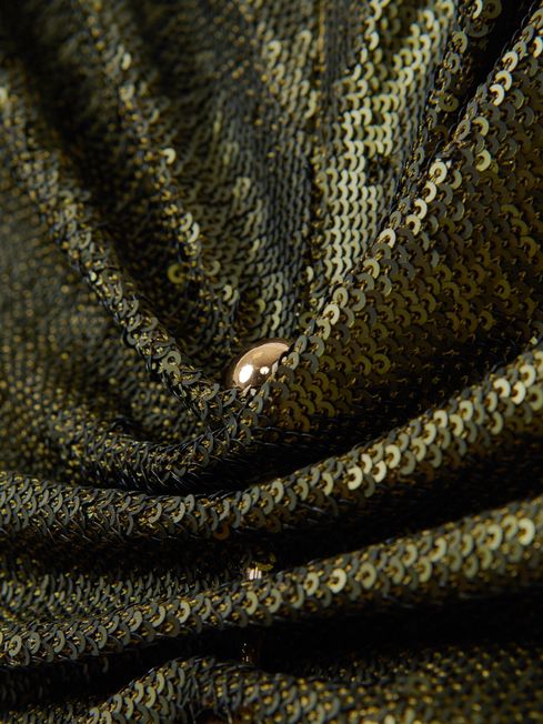 Halston Sequin Ruche Maxi Dress in Seaweed