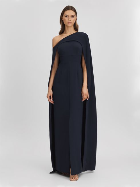 Halston Off The Shoulder Cape Maxi Dress in Navy