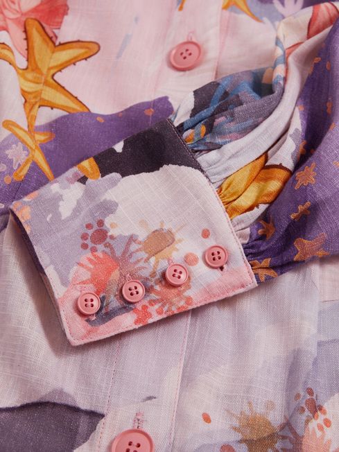 Leo Lin Rayon Linen Blouson Sleeve Mini Dress in Neptune Print Coral