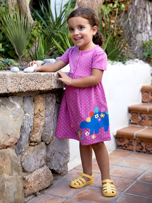 Fuchsia Pink Dinosaur Spot Applique Button Front Jersey Dress JoJo Maman Bebe