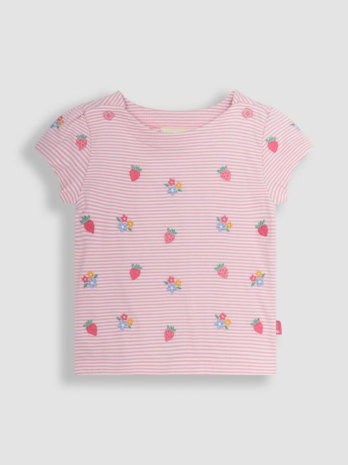 JoJo Maman Bébé Pink Strawberry Floral Embroidered T-Shirt