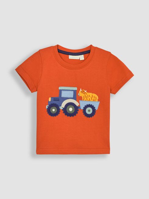 JoJo Maman Bébé Orange Tractor & Cow Appliqué T-Shirt