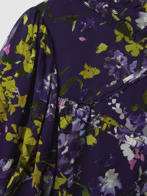 Florere Printed Puff Sleeve Mini Dress in Dark Purple