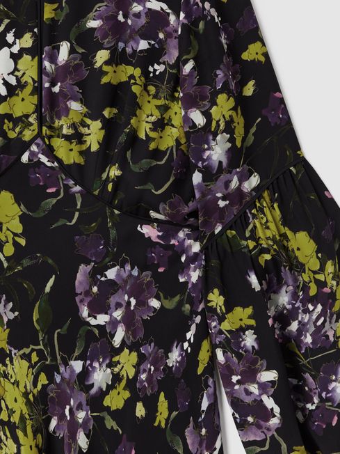 Florere Printed Blouson Sleeve Midi Dress in Dark Purple
