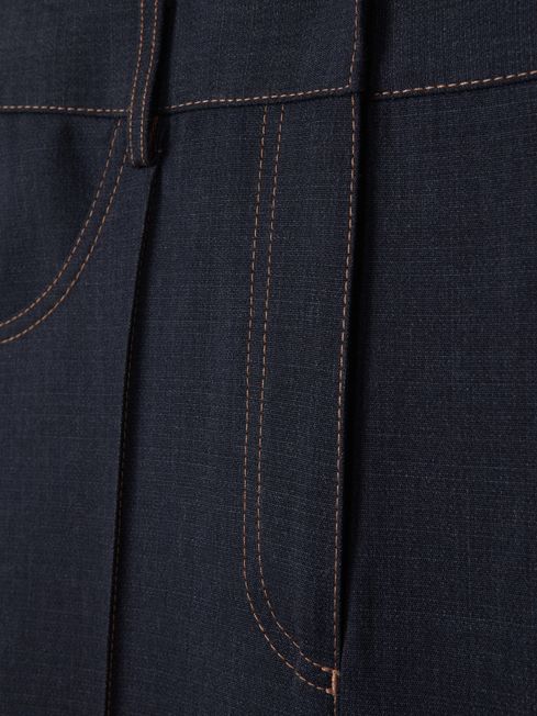 Wool Blend Denim Look Suit Trousers in Navy