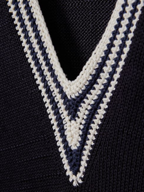 Crochet V-Neck Jumper in Navy/White