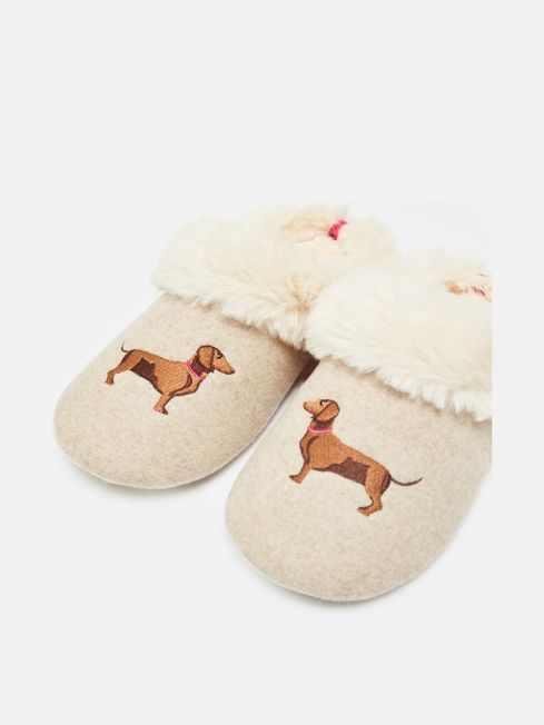 Slippet Luxe Natural Dachshund Embroided Slippers Joules