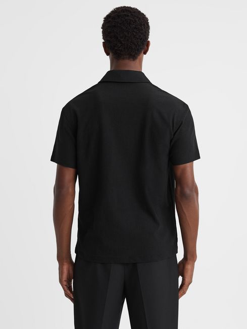 Textured Crepe Cuban Collar Shirt in Black