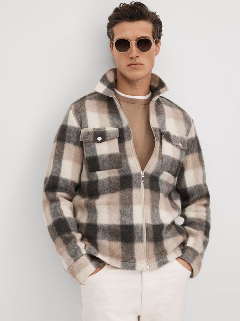 Reiss Oatmeal/Grey Stamford Brushed Check Overshirt