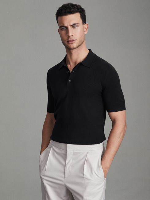 Reiss Navy Manor Slim Fit Merino Wool Polo Shirt