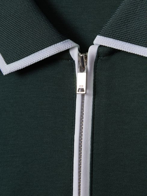 Cotton Contrast Collar Half-Zip Polo Shirt in Dark Green