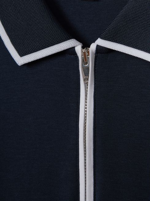 Cotton Contrast Collar Half-Zip Polo Shirt in Navy