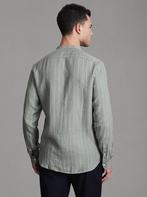 Linen Grandad Collar Shirt in Sage Stripe