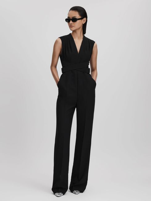 Reiss Black Riyo Fitted Belt Strap Jumpsuit