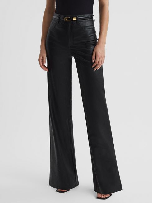 Paige High Rise Leather-Look Wide Leg Jeans - REISS