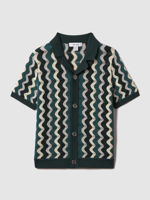 Reiss Green Multi Waves Teen Knitted Cuban Collar Shirt