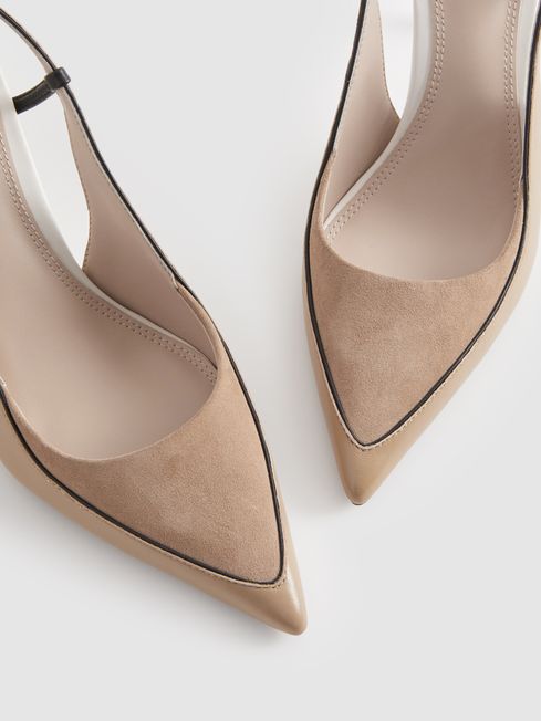 Leather Suede Pointed Slingback Heels in Nude