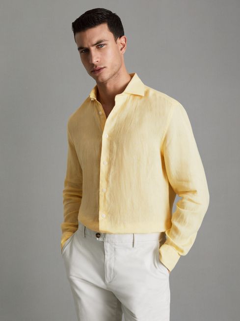 Linen Button Through Shirt in Melon REISS