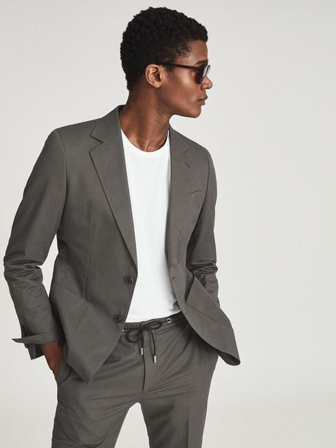 Reiss Khaki Labora Cotton Linen Blend Slim Fit Blazer