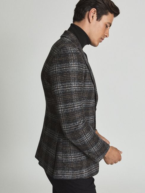 Reiss Charcoal Grey Focus Wool Blend Checked Slim Fit Blazer