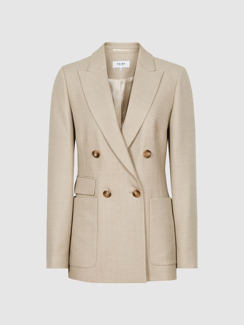 Double Breasted Twill Blazer in Neutral REISS