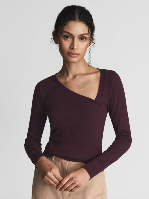 Asymmetric Neck Jersey Top in Burgundy