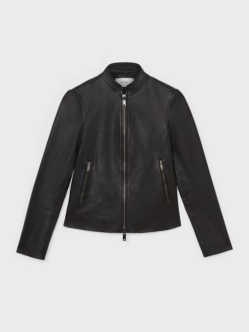 Black leather jacket collarless cheap